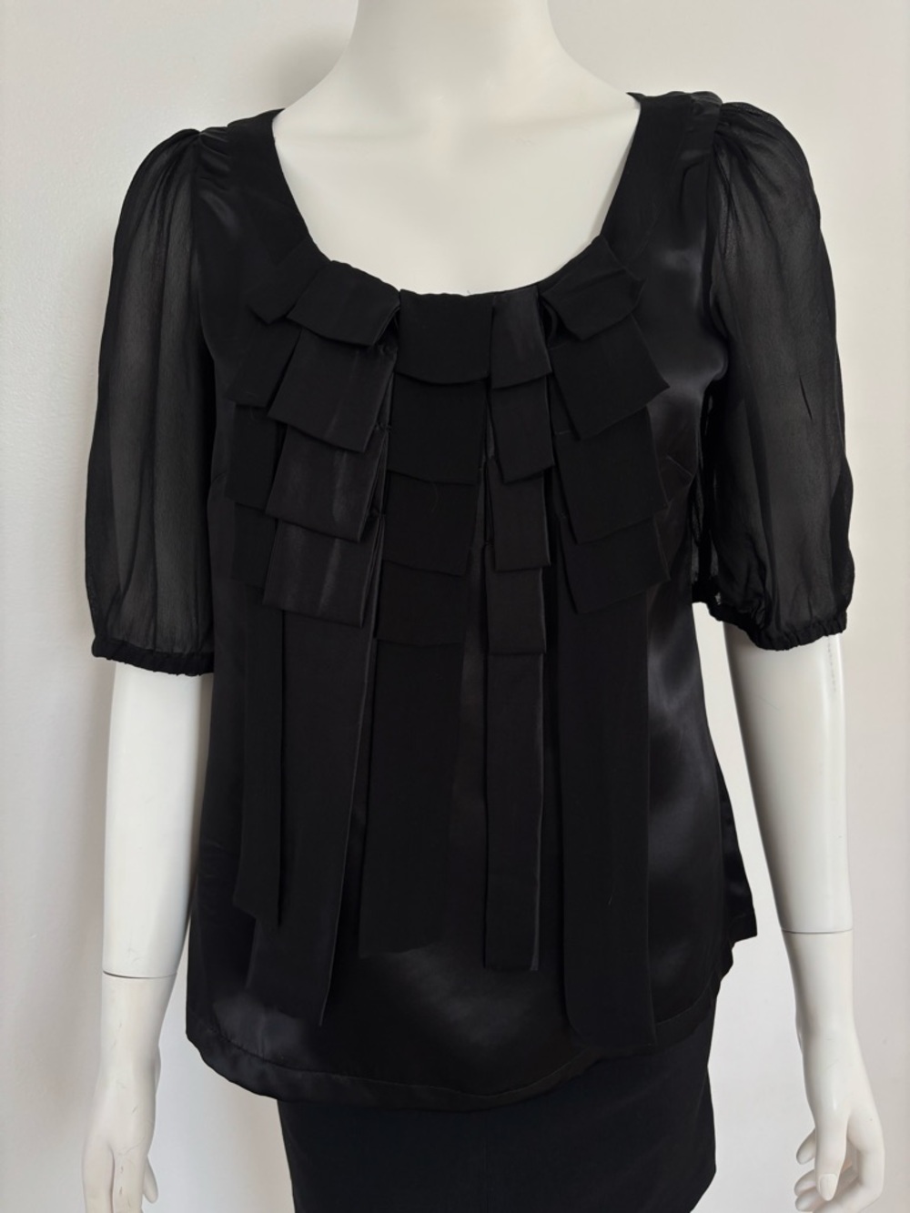 French Connection Black 100% silk Ruffle Front Puff Sleeve Blouse